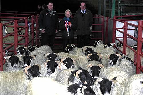 Champion pen of Blackfaced Hoggets, L to R Ross Pattinson of Agri-Lloyd, Margaret Fergusson of Barlaes and judge Andrew Dawson  