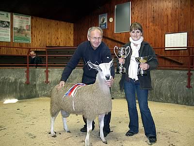 Champion Leicester with owner Billy Little and judge Caroline MacGillivray