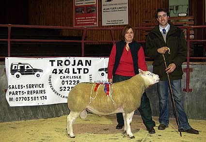Champion Texel shown with owner Hazel Smith and Judge David Douglas