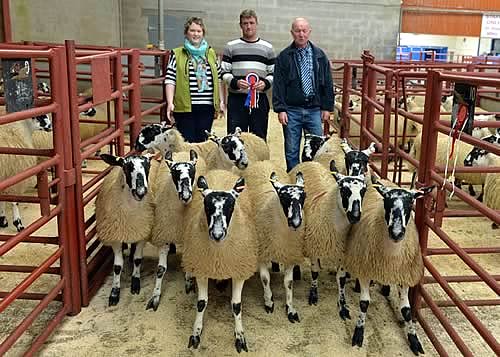 Champion Pen of Mule Ewe Lambs with Corina Cowin (Allflex) sponsor, Tristan Davidson, vendor and Norman Bowe, judge and purchaser
